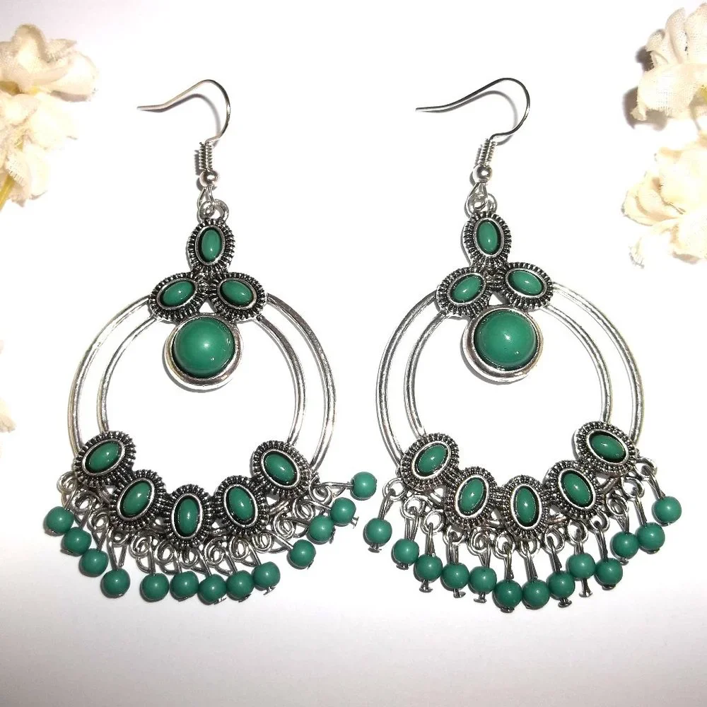 Chandelier Earring Green and Silver Dangle Drop Beaded Statement Set Pair A931